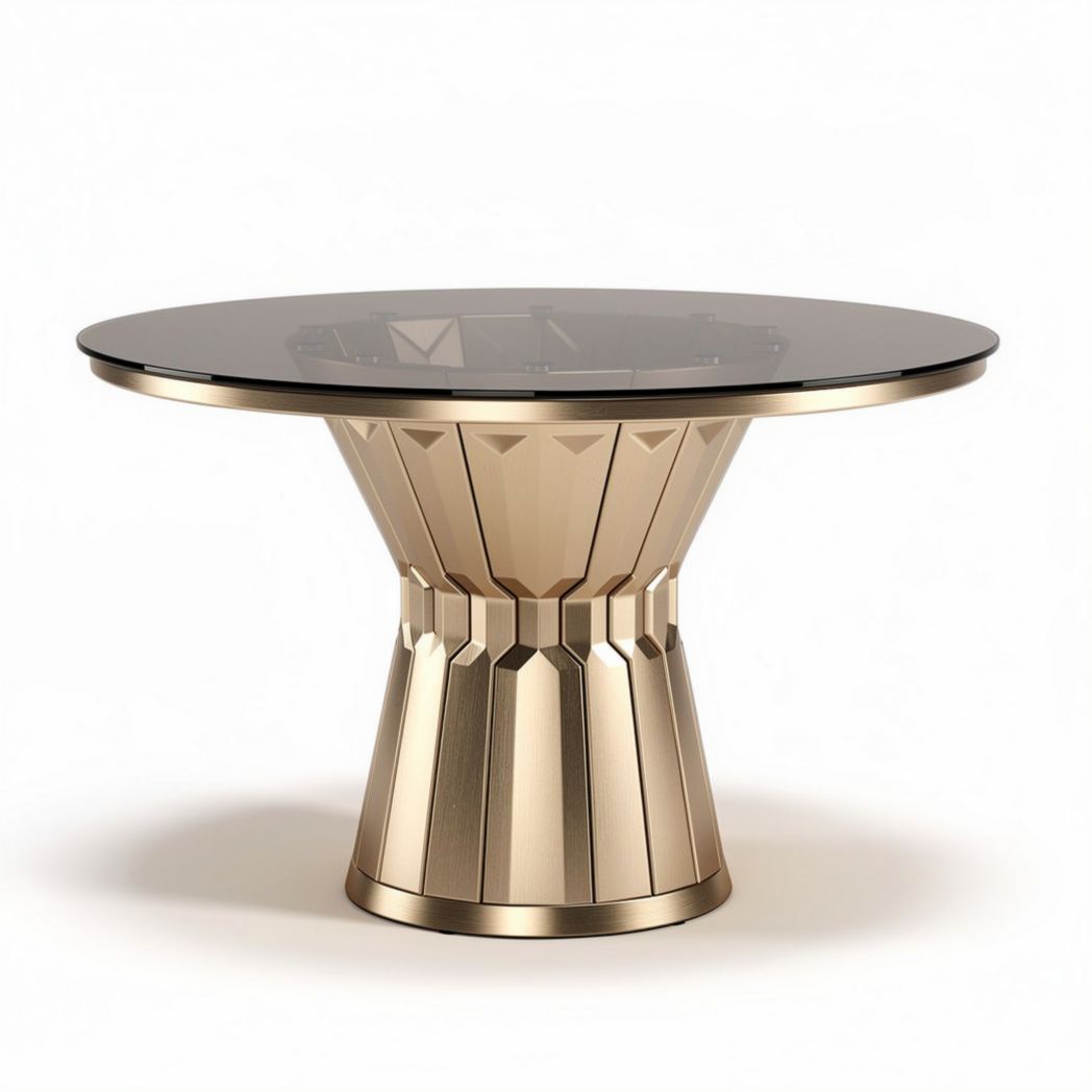 Eettafel met glazen top en gouden gepolijste basis diameter 75cm hoogte 75cm