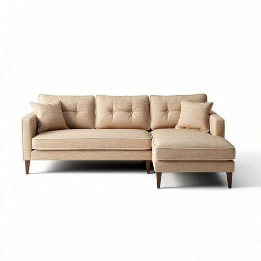Beige stoffen hoekbank met chaise longue en kussen 220 x 90 x 85cm