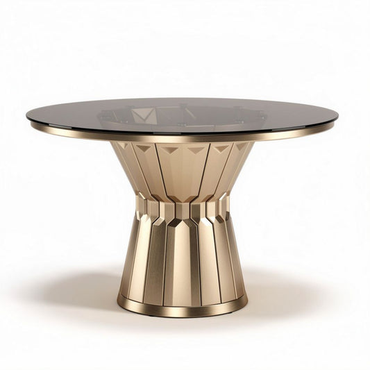 Eettafel met glazen top en gouden gepolijste basis diameter 75cm hoogte 75cm