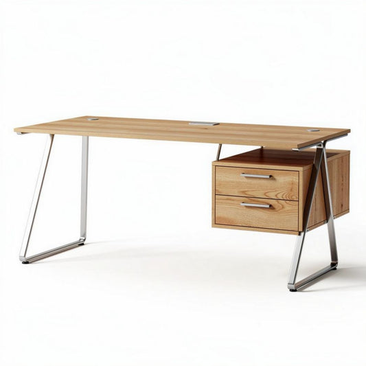 Bureau van hout met metalen poten en twee lades 150 x 75 x 75cm