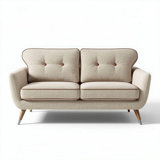 Beige stoffen bank met houten poten en afmetingen 180 x 90 x 80cm